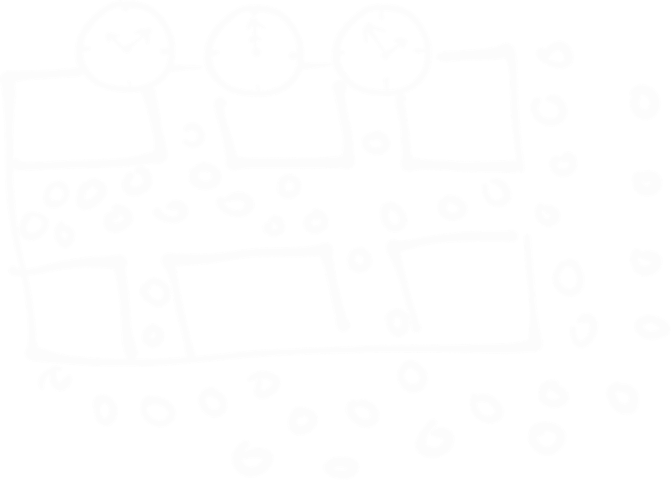 Skiss av skolbyggnad och massor av elever uppifrån. Tre klockor i toppen av bilden.