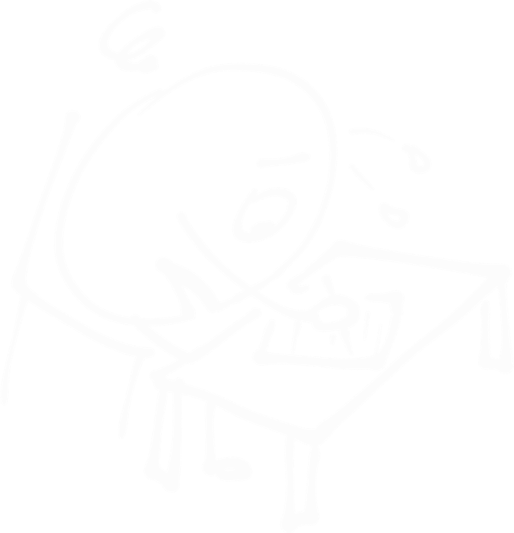 Streckgubbe sitter vi bord, skriver på ett paper och svettas. Ser besvärad ut.