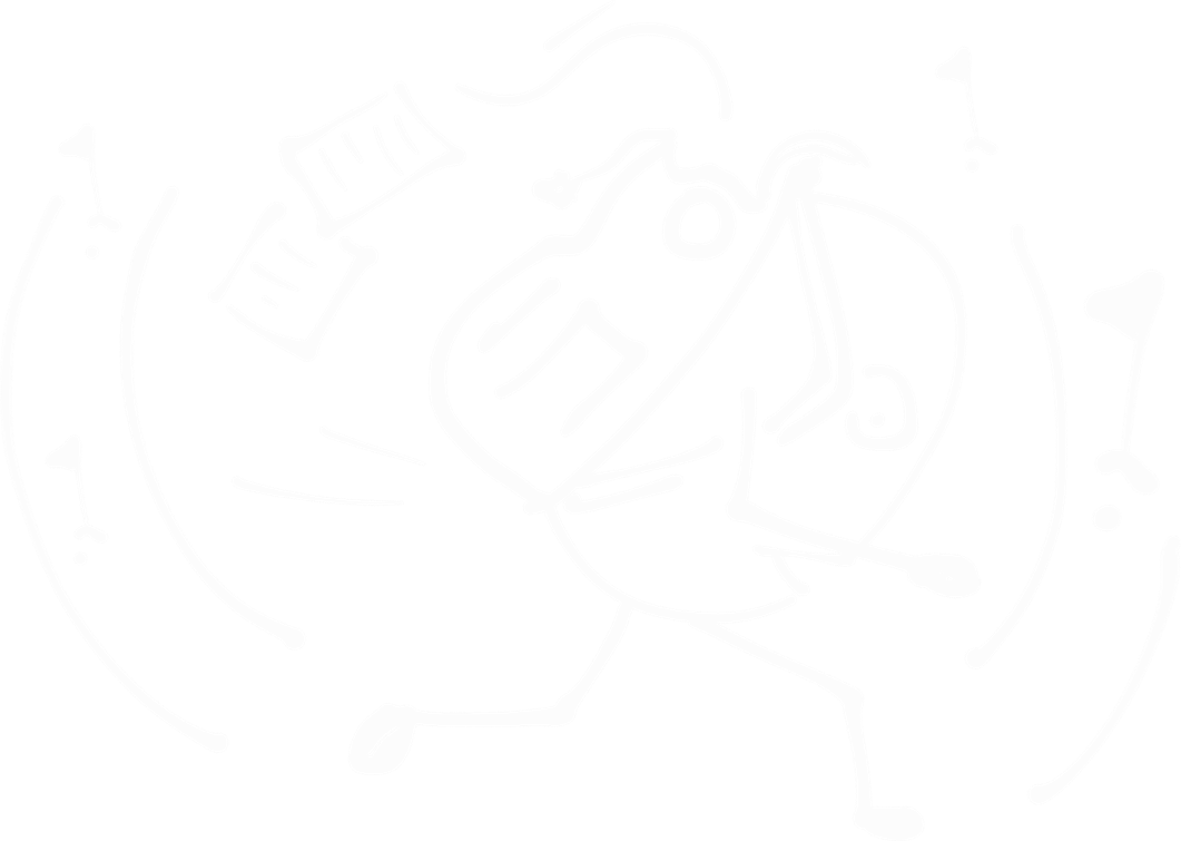 Streckgubbbe med ryggsäck som stressar runt en bana med utplacerade flaggor. Papper flyger ur ryggsäcken.