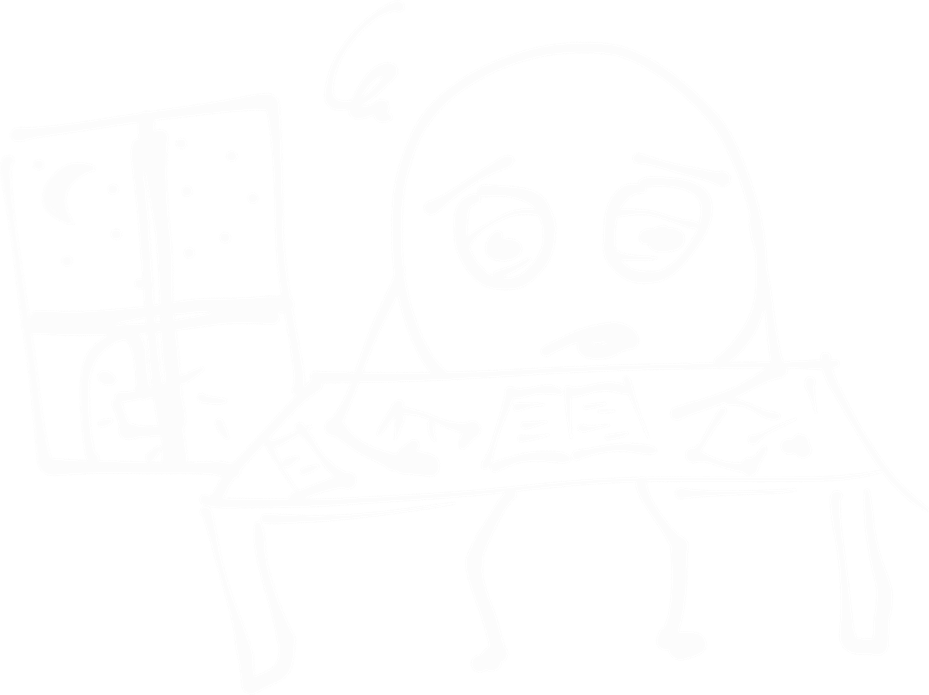 Streckgubbe som sitter uppe på kvällen och pluggar vid ett bord. Ser trött och yr ut.