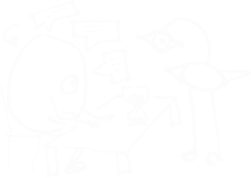 Streckgubbe som svarar på frågor på tid som mäts med timglas. Fantasifigur med stort öga tittar på.